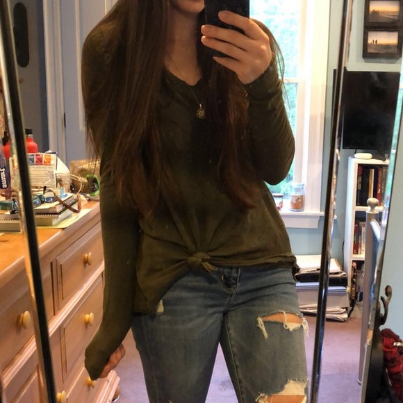 Free People Tops - Free People Green Distressed Long Sleeve T-shirt